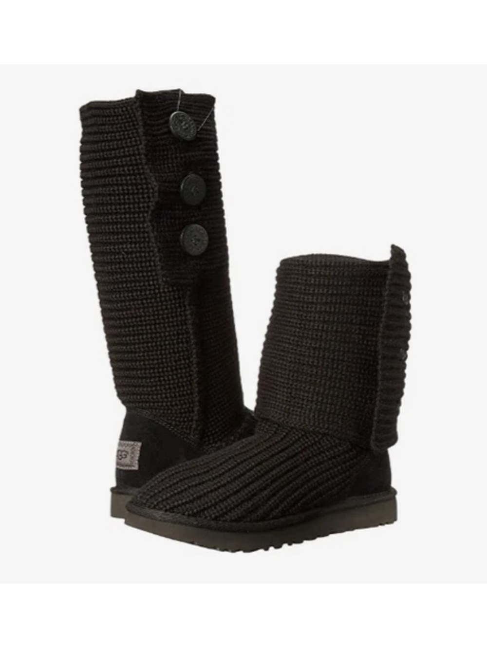 UGG Classic Cardy II Flat Boots Black Knit UGG-pure Sock-Liner Buttons Women’s 8